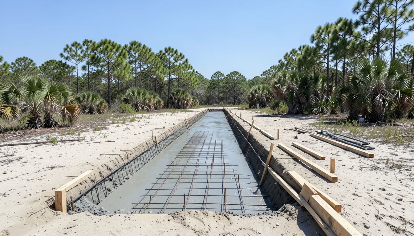 Illustration of a long footing on a cleared sandy lot, partly filled with concrete over steel rebar