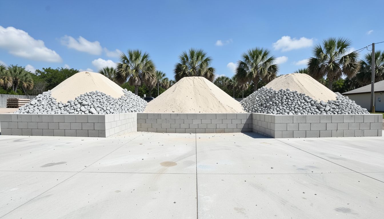 Stockpiles of sand and crushed rock in concrete-block bins at an open materials yard
