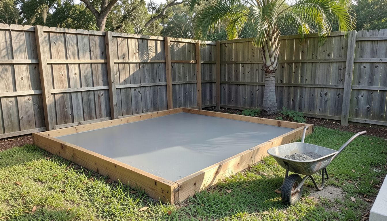 Illustration of a small new concrete shed pad in a fenced back yard